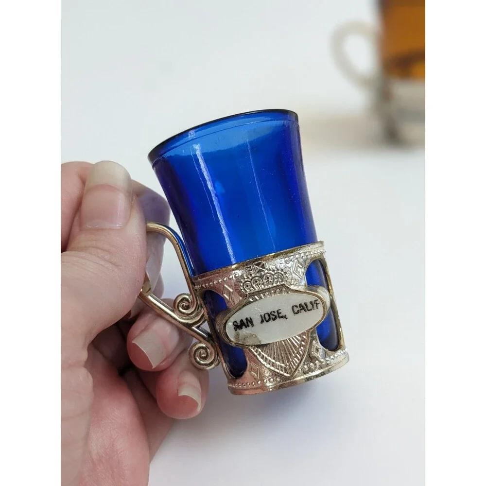 San Jose CA Vintage Souvenir Mini Mugs‎ Shot Glasses Cobalt Amber Mid-Century